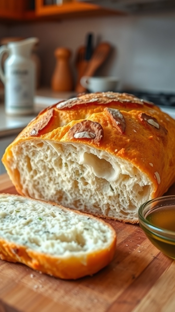 Easy Homemade Bread with KitchenAid Stand Mixer A golden brown homemade bread loaf sliced on a wooden board with olive oil and herbs.